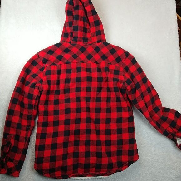Boston Traders Flannel Shirt Jacket Women's Small Red Buffalo Plaid Sherpa Hood - Picture 8 of 9